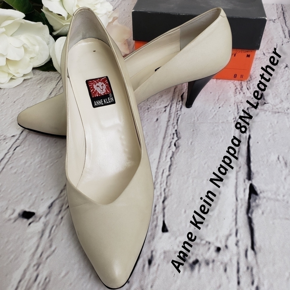 ANNE Klein Nappa STL A 61016 5555 Pump Heels 8N Pearl Taupe & Black Heel In Box